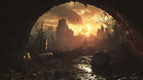 Sunken city smolders beneath a feral postnuclear sunrise.