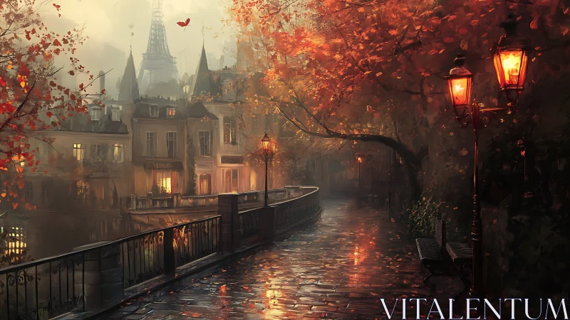 Autumnal Parisian riverside with wet cobblestones and gaslights.