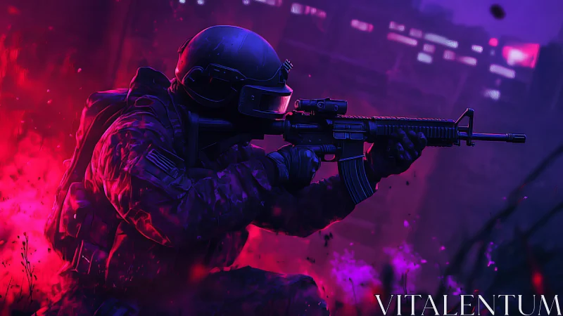 Soldier in tactical gear aims rifle in neon urban battlefield