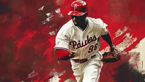 Baseball player in white uniform sprints before red abstract wall