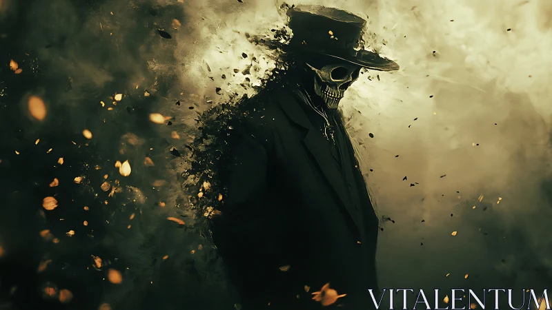 Skull-faced figure dissolves into swirling embers and smoke.