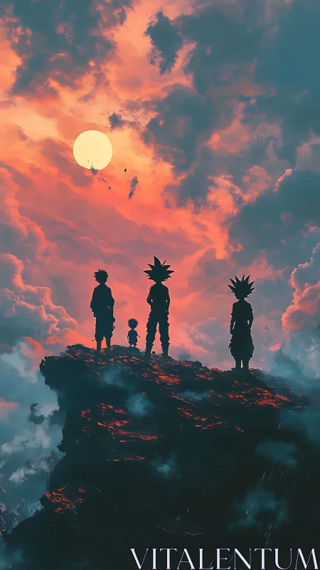 Silhouetted warriors on cliff edge under blazing sunset sky