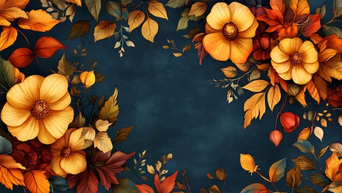 Autumn flowers and foliage frame dark textured background