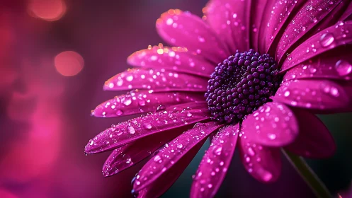 Magenta Daisy with Water Droplets and Bokeh Lighting.
