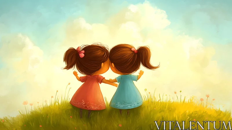 Two Little Girls Holding Hands in Golden Sunshine.