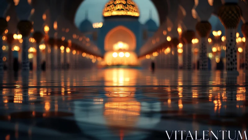 Golden mosque arcade lights mirrored on polished marble floor.