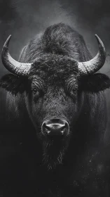 Monochrome frontal portrait shows horned bovine in detail