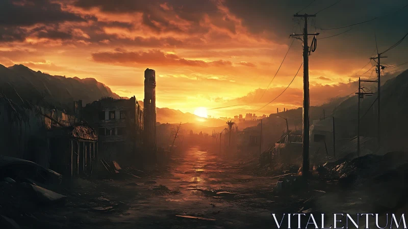 Sunset burns over ruined post apocalyptic city street