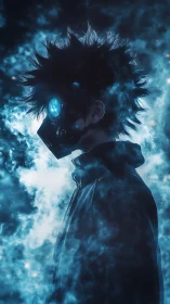 Dark figure in gas mask surrounded by glowing blue smoke.