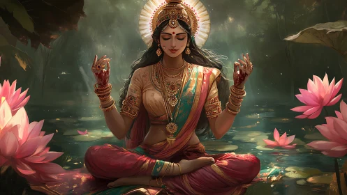 Serene goddess meditates amid glowing lotus lake at dawn