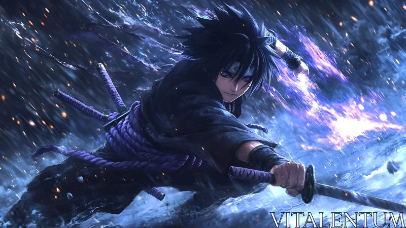 Anime swordsman lunges forward through storm of blue energy