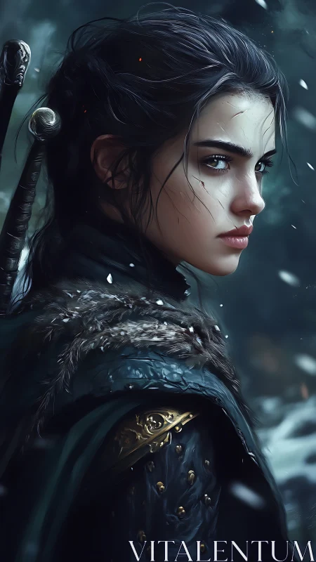 Fierce winter warrior gazing ahead with quiet resolve.