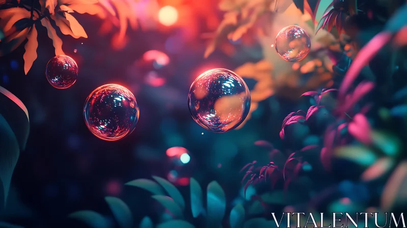 Luminous soap bubbles drift through neon-bathed tropical foliage