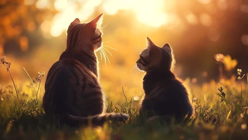 Two cats silhouetted against golden sunset light.