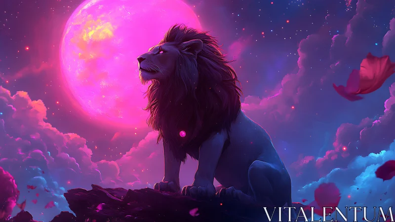 Lion stands on rocky ledge before glowing pink moon