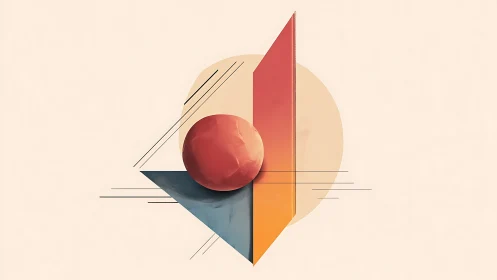 Geometric sphere-plane interaction in pastel constructivist space.