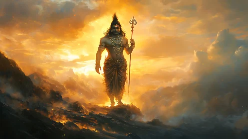 Mythic trident bearer amid volcanic cloud-irradiated dawn.