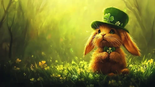 Lucky clover bunny in glowing forest meadow illustration.