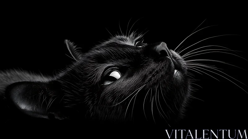 Black Cat Gazing Skyward Against Darkness.