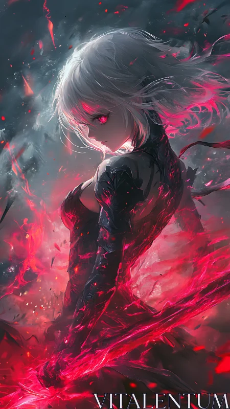 White haired swordswoman with red energy aura in storm.