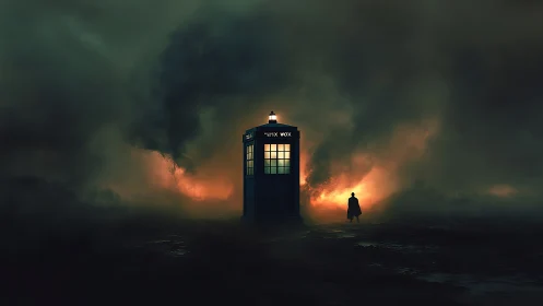 Lonely police box glows through apocalyptic storm haze.