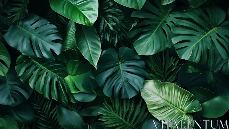 Lush tropical foliage fills dense overlapping leaf pattern