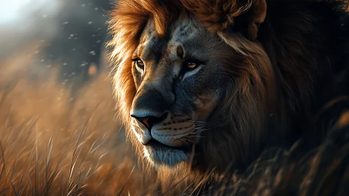 Side-lit male lion portrait uses shallow depth and warm bokeh