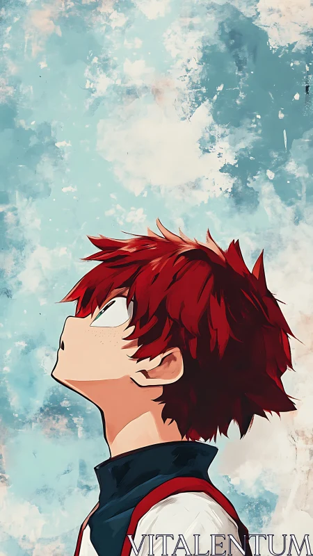 Profile view of red haired anime boy against cloudy sky.