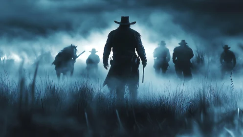 Cowboy silhouette confronts armed riders in dense blue fog