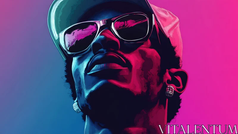 Stylized portrait of man in sunglasses on neon gradient background.