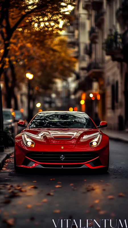 Red Ferrari glows against autumn city street at dusk.