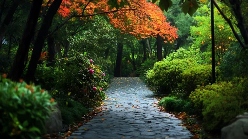 Stone garden path curves under vivid autumn tree canopy
