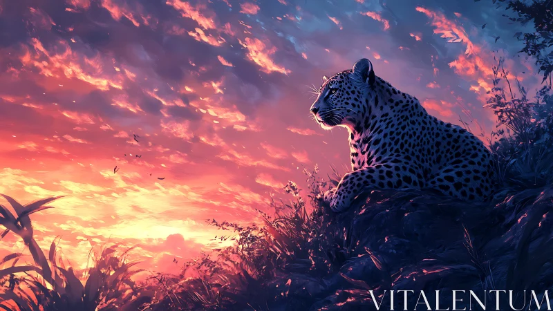 Leopard at Sunset Over Savanna Grassland