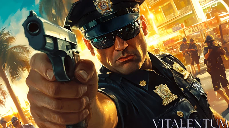 Close-range police officer aims handgun amid sunlit street chaos