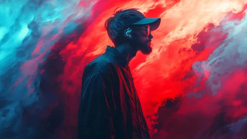 Neon-lit silhouette walks through red and cyan vapor clouds.