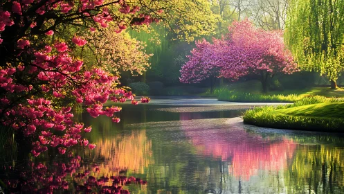 Spring blossoms waltz beside a mirror-still dream river.
