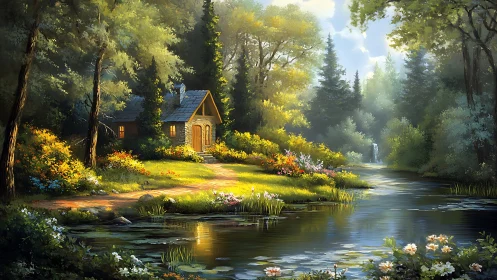 Sunlit forest cottage overlooks a tranquil riverside clearing.
