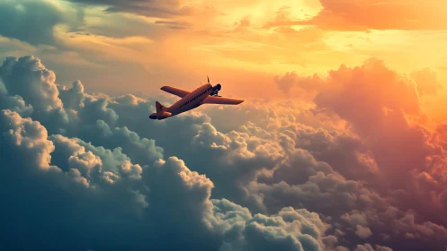 Single propeller aircraft above dense clouds at sunset.