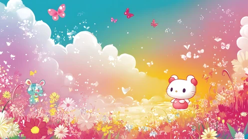 Cartoon animals stand in a colorful flower meadow landscape