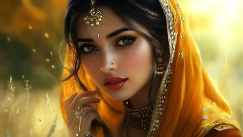 Woman in yellow veil rendered as detailed digital portrait