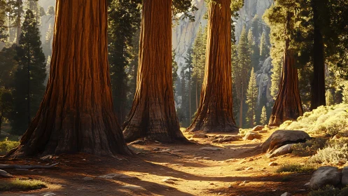 Giant Sequoia Grove Forest Interior with Atmospheric Sunlight Penetration