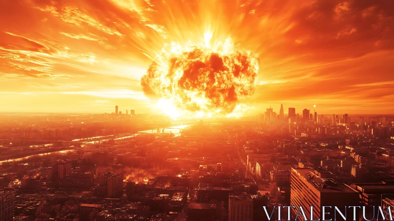 Detonating fireball over urban skyline in cinematic perspective