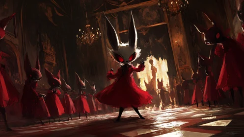 Midnight rabbit masquerade unfolds in a grand haunted ballroom