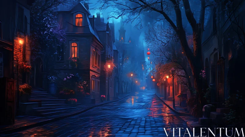 Foggy cobblestone street glows with blue and orange light