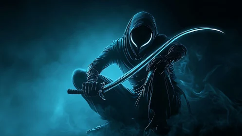 Mysterious hooded warrior resting in glowing blue shadows.