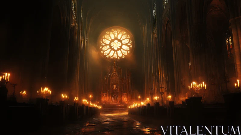 Gothic cathedral interior lit by candles and rose window.