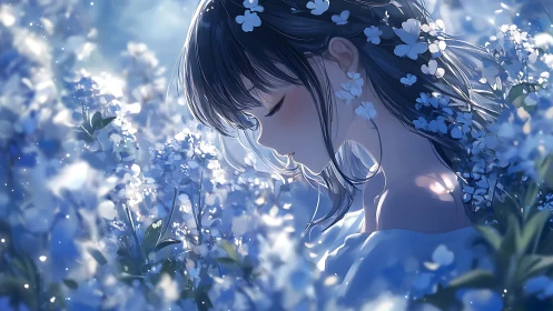Moonlit daydream girl adrift in a sea of blue petals.