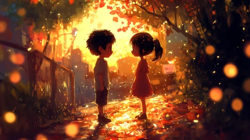 Two children stand under glowing autumn trees at sunset.