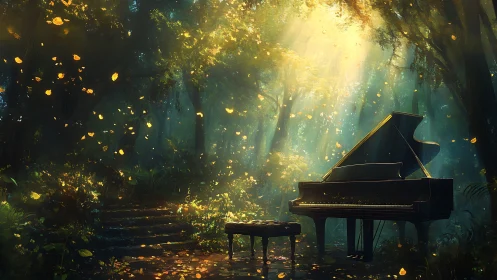 Grand piano rests in sunlit forest clearing with falling leaves