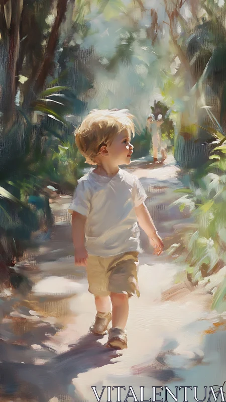 Sunlit Explorer: Child Wanders Through Dappled Garden Corridors.